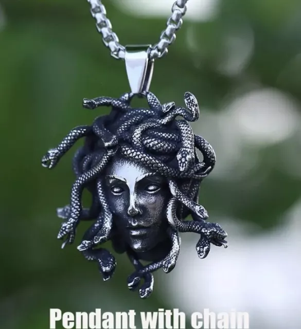 Mens Womens Stainless Steel Greek Snake Medusa Head Pendant Necklace 60 Cm Chain