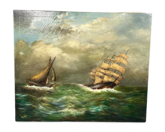 Antique CLIPPER SHIP Old SHIP with SAILS Nautical SEASCAPE Old MARITIME PAINTING