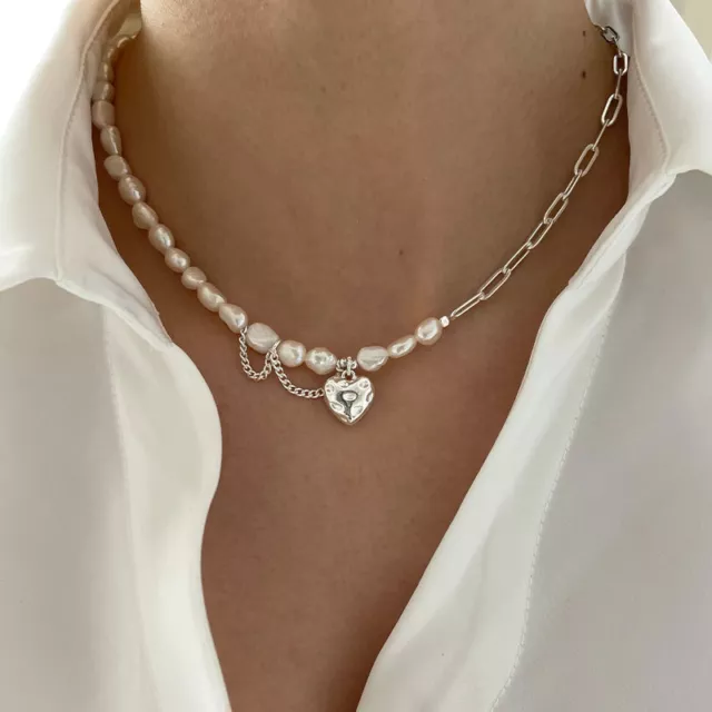 Fashion Womens Boho Pearl Heart Chain Pendant Necklace Choker Charm Jewelry Gift