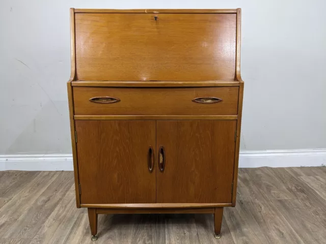 BUREAU Teak MidCentury Writing Desk Drop Lid Pigeonholes Drawer Shelved Cupboard