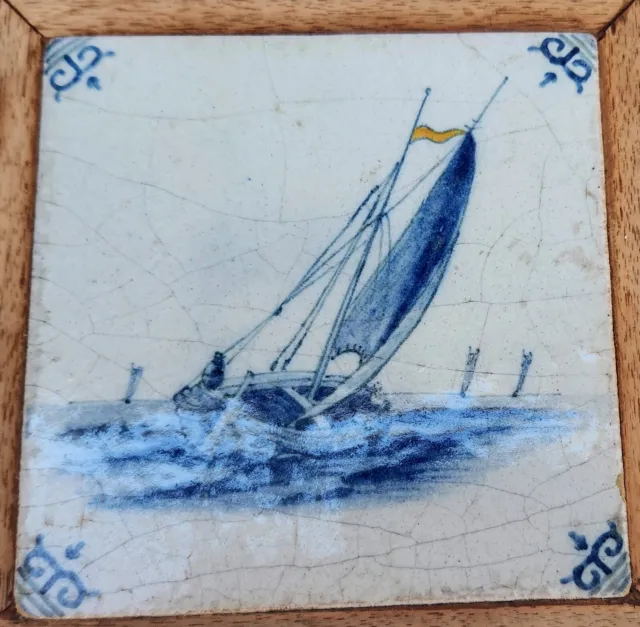 Antique Dutch Delft 18Th Century Tile Framed Sailor And Sailboat Sailboats