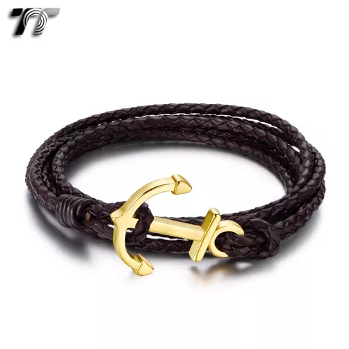 TT Brown Multi Leather Gold 316L S.Steel Anchors Bracelet (BR207HJ) NEW