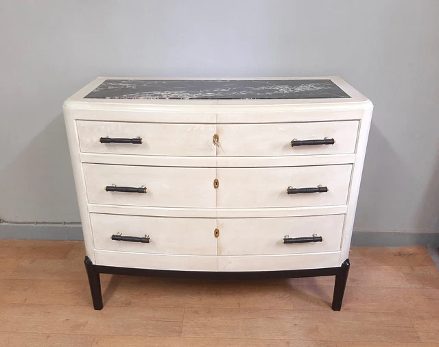 PETITE COMMODE ART Deco En Parchemin Et Marbre Vers 1930-40 , Restauré