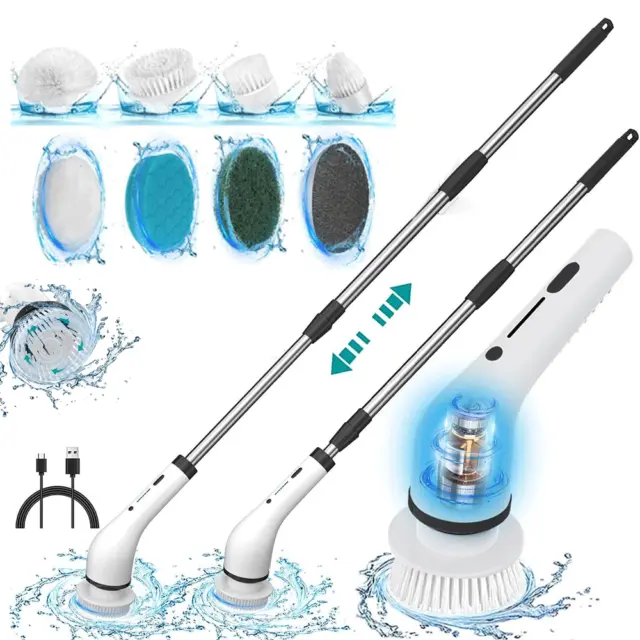 Electric Spin Scrubber Cordless Bath Tub Power Scrubber W/Adjustable Handle New