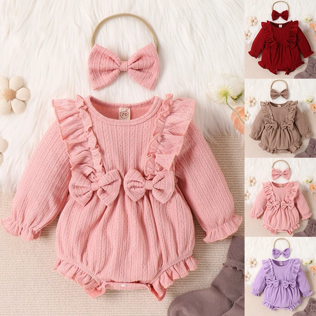 Newborn Baby Girl Solid Long Sleeve Pullover Bodysuit Cute Bow Headband 2PCS Set