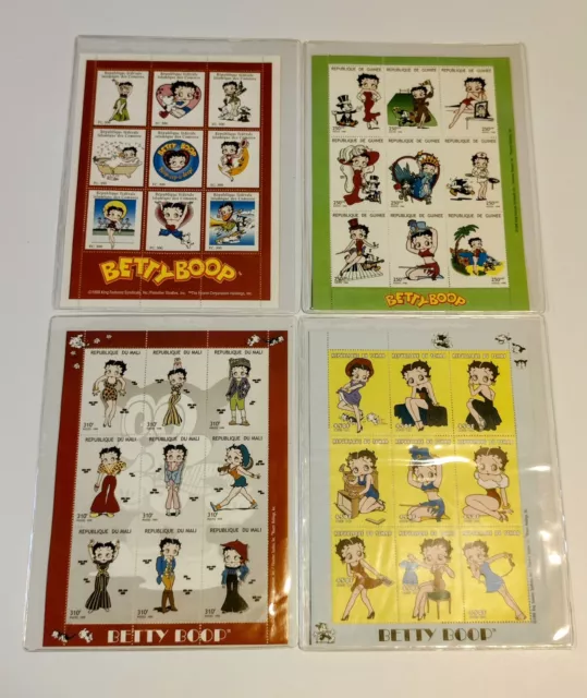 Betty Boop Lot 4 Mali, Guinea, Comores & Tchad Collector Souvenir Stamp Sheets