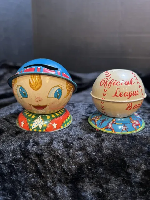 2 Banks For Sale! Vintage 1950'S  Tin Litho Boy & Official League Novelty Banks