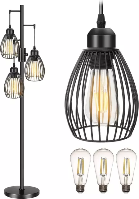 Floor Lamp, Industrial Floor Lamp, Dimmable 3 Lights Standing Lamp with Cage