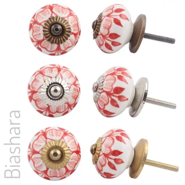 Red CERAMIC DOOR KNOB Vintage Cupboard Handles Cabinet Drawer Floral Shabby Chic