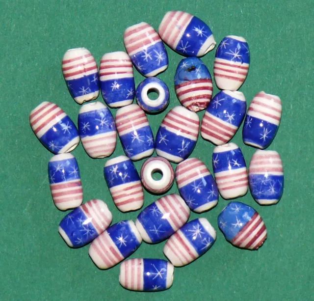 25 Keramik Perlen Peru:14 mm blau+weiß+rot, Olive oval,USA Schmuck Stars+Stripes 2