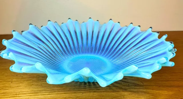 Vintage Fostoria Heirloom Blue Opalescent Blown Glass Crimped Ruffled  Bowl