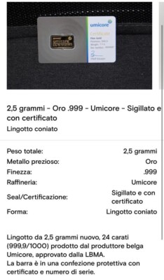 1x 5 GRAMMI SIGILLATO GRUPPO Umicore Barra D'Oro 24 CT Oro 