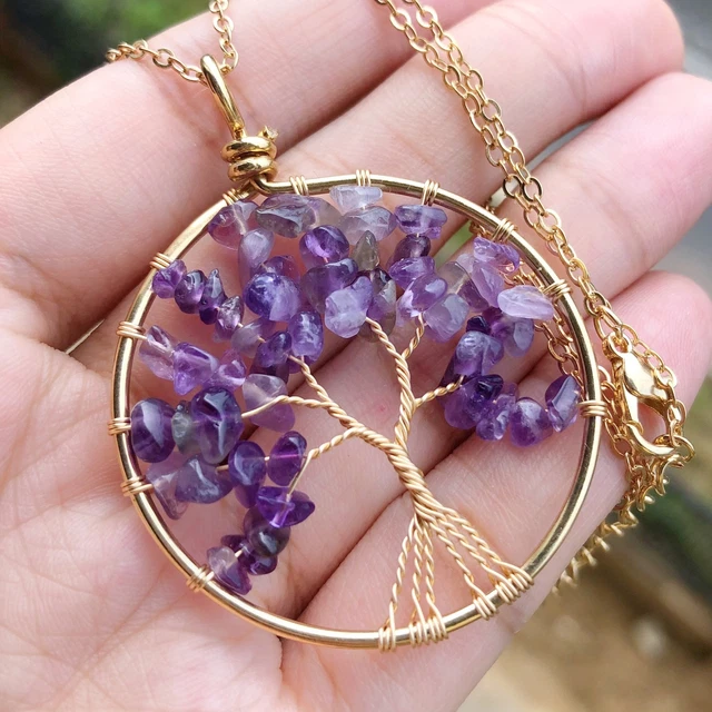 Amethyst Gem Tree Of Life Water-Drop Necklace Chakra Reiki Healing Amulet