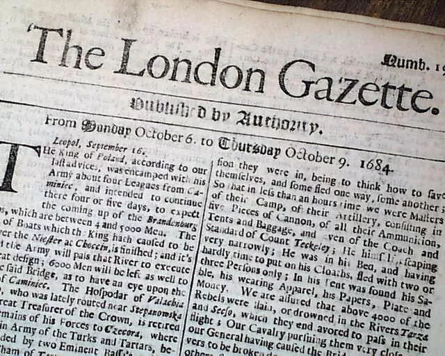 Very Early Rare 1684  London Gazette England British Newspaper 340 Years Old !!