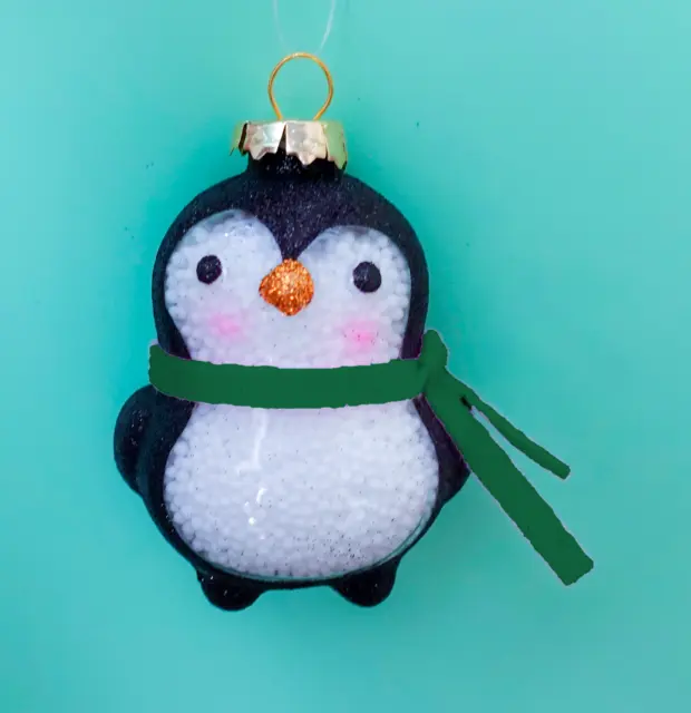 Baby Penguin Christmas Tree Ornament Snow Filled Scarf Glitter Glass Winter New