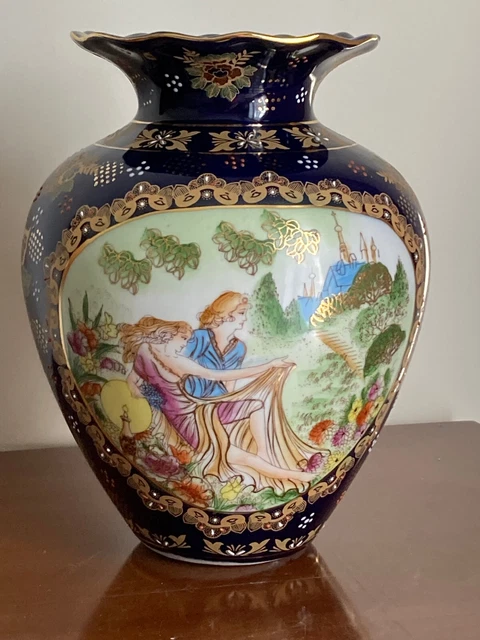 VASE BOULE à COLLERETTE en CERAMIQUE BLEU COBALT et OR