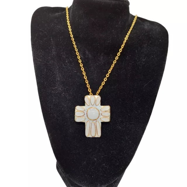 Limoges Cross Pendant Necklace Signed R B White Gold Tone