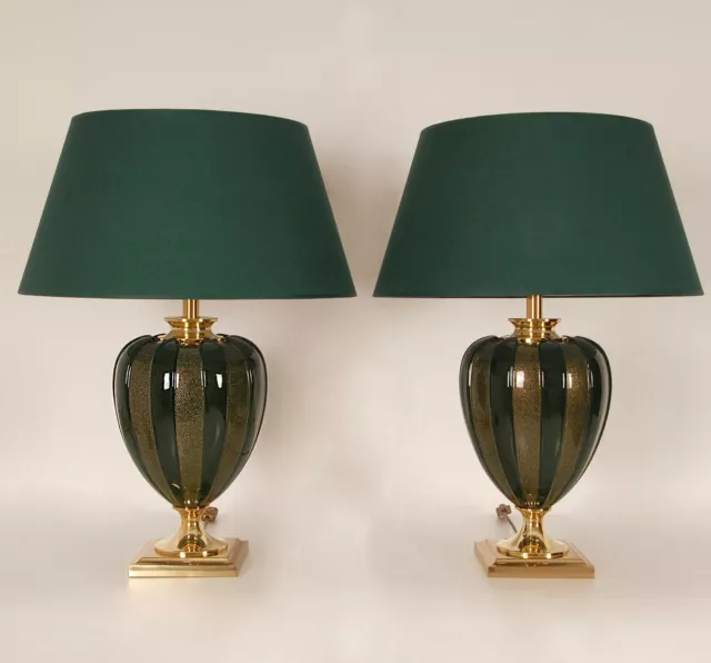 Vintage French Ceramic Table Lamps Napoleonic Brass Gold and Green - a Pair