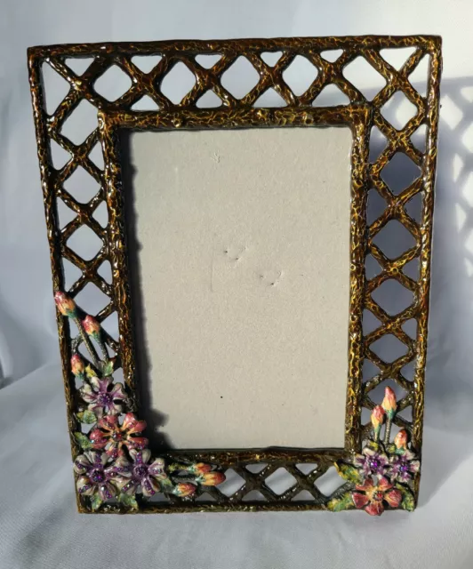 Picture Frame Enameled Metal w/3 Dimensional Flowers & Leaves Rhinestone Accents