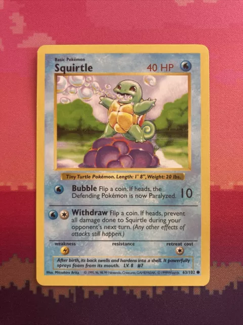 Pokemon Card Squirtle Shadowless Base Set Common 63/102 Near Mint