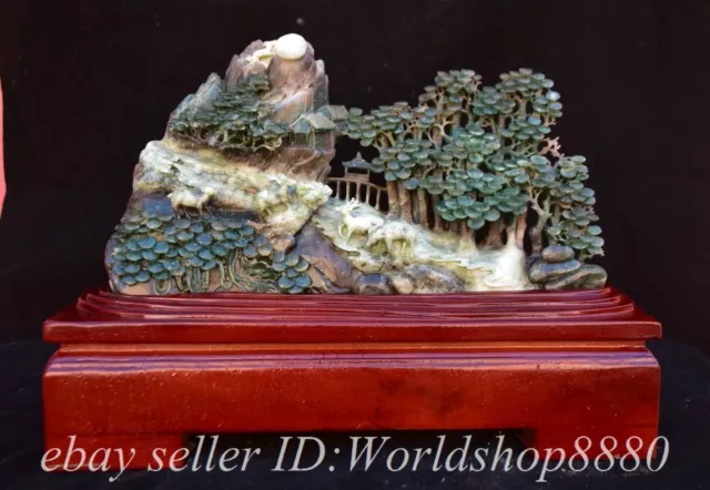 13.2" Chinese Natural Dushan Jade Hand Carved Mountain Tree House Deer Statue