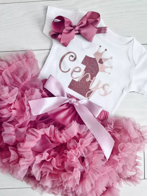 Baby Girls Personalised First 1st Birthday Outfit Cake Smash Set Tutu Skirt