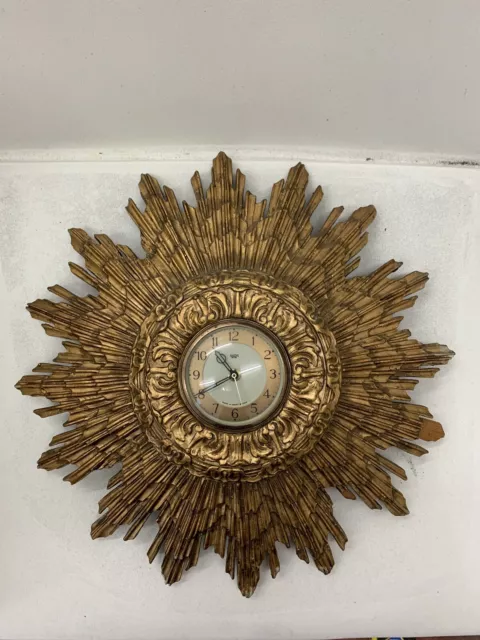 Antique Vintage smiths Sectric Electric Gold Sunburst Wall Clock Wood Gilt Star