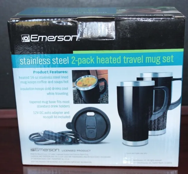 Heated Travel Mug Set Stainless Steel 12V Auto Adapters 2 - 14 OZ. EMERSON 2