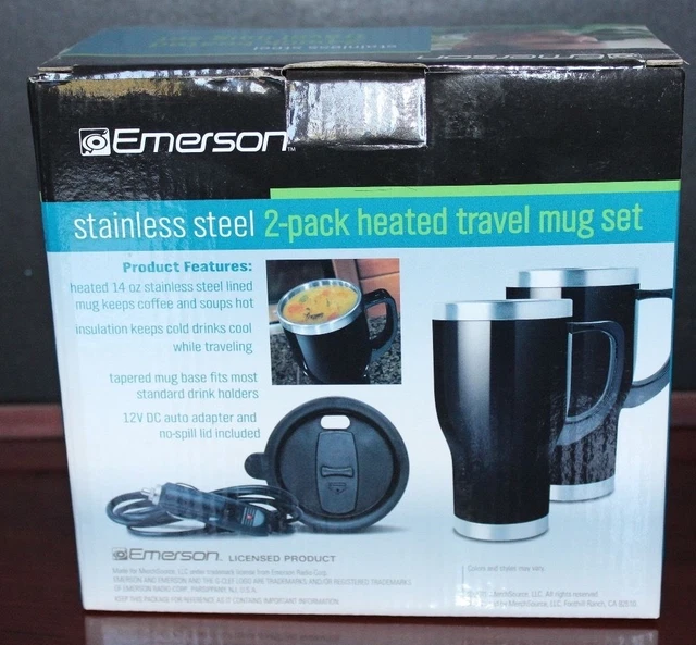 Heated Travel Mug Set Stainless Steel 12V Auto Adapters 2 - 14 OZ. EMERSON 2