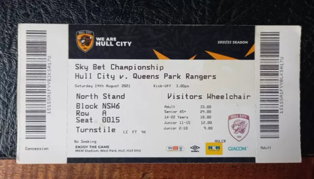 Ticket Stub Hull City V Queens Park Rangers 2021 / 2022 Championship QPR