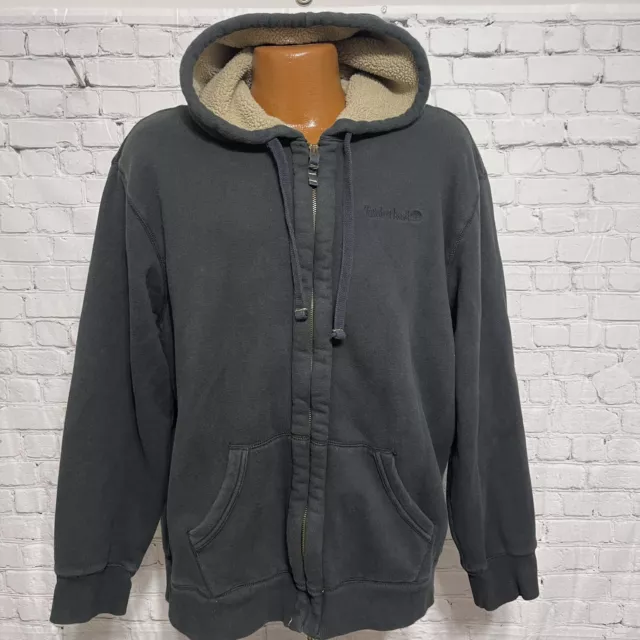 Timberland Sherpa Lined Zip Up Embroidered Logo Hoodie Jacket Size XL Black
