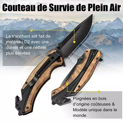 Jellas 4 in 1 Couteau de Poche Pliant avec Poignée en Bois Unique, D2 Lame en Ac 3