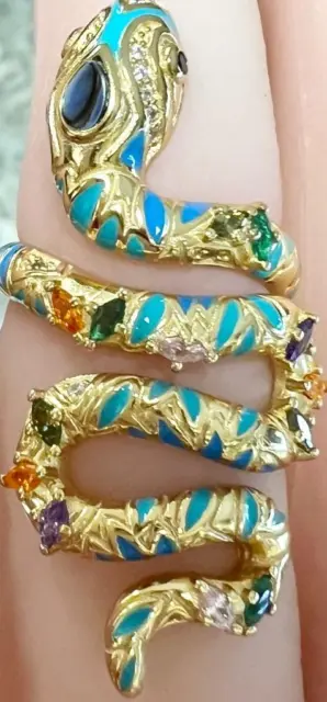Genuine Multi-Gemstone Enamel Snake wrap ring 14K Yellow Gold on Solid 925 gp
