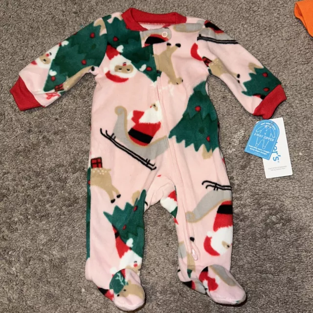 NWT Carter's Baby Girl Christmas Santa Fleece Sleeper 1pc Pink Pajamas * Size NB