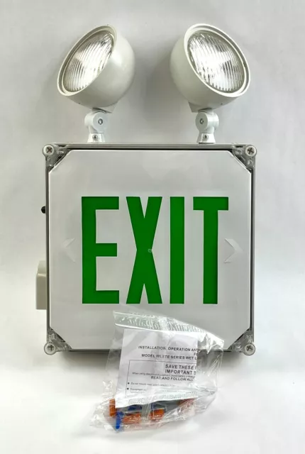 Exit Sign Emergency Light Wet Location Combo with Green Letters