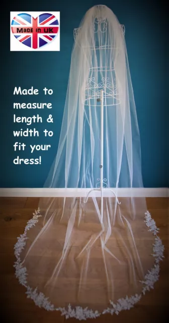 Wedding Veil *Cathedral Length*1 Tier*Off white/ Ivory* Corded Lace Applique*