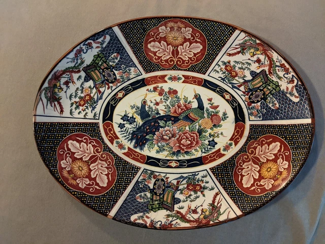 Vintage Japanese Imari Hand Painted Porcelain Oval Serving Tray