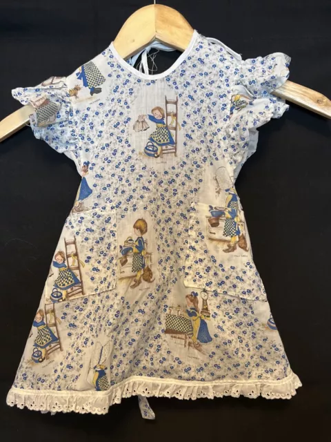 Vtg Holly Hobbie Prairie Farm Handmade Girls Apron Blue White Short Sleeve