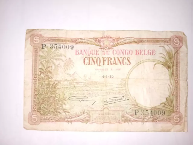 Belgian Congo 5 Francs 1930 Banknote