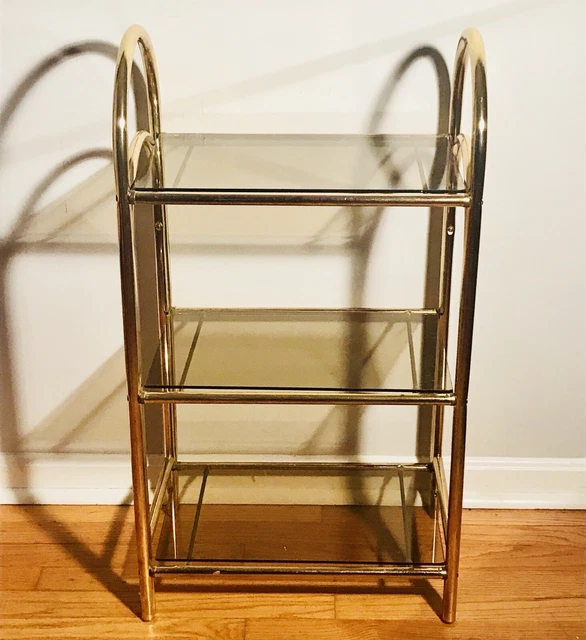 VINTAGE 80S SHELF Gold Brass 3 Tier Smoked Glass Hollywood