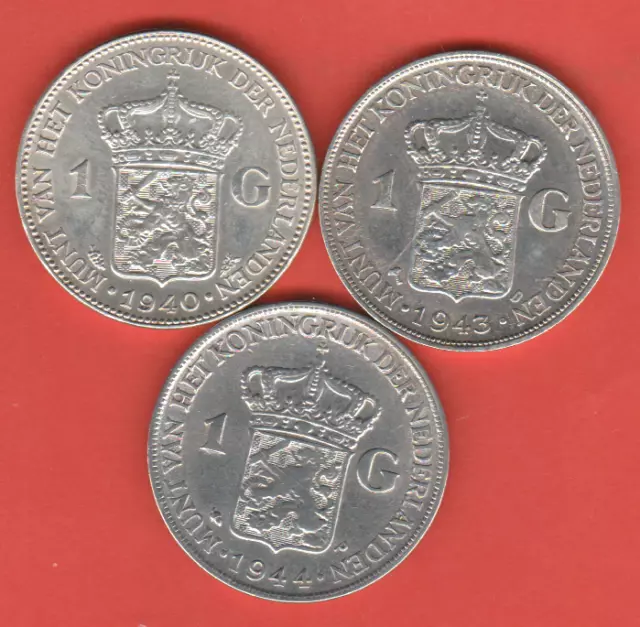 Lot 3 Münzen : 🇳🇱 Niederlande 1 Gulden 1940 + 43 + 44  - Silber (NL24)