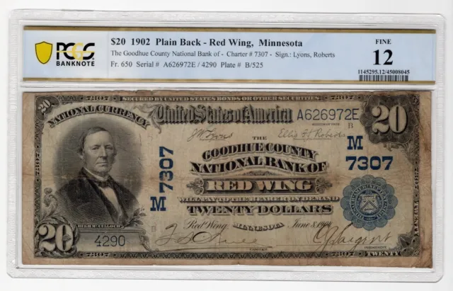 1902 $20 Plain Back The Goodhue County National Bank of Red Wing Minnesota PCGS