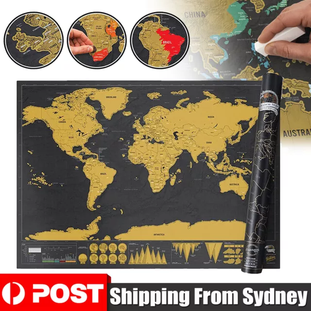 Deluxe Scratch off world Map Interactive large Poster Atlas Travel Decor Gift AU