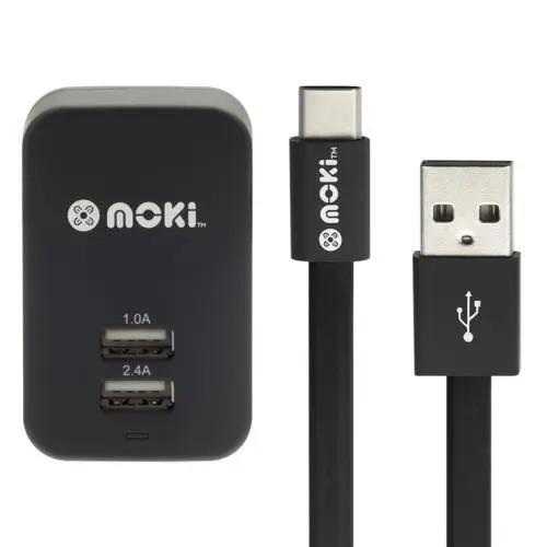 Moki SynCharge ACC-MTCWALL Type-C USB Cable + Wall Charger - Black [ACC-MTCWALL]