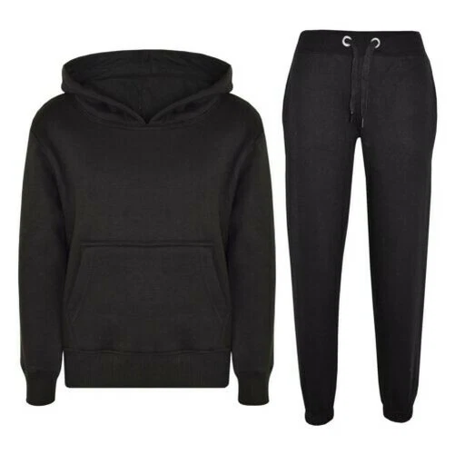 Bambine Ragazzi Tinta Unita Nera Felpa con Cappuccio Tuta Jogging Suit 5-13 Anni