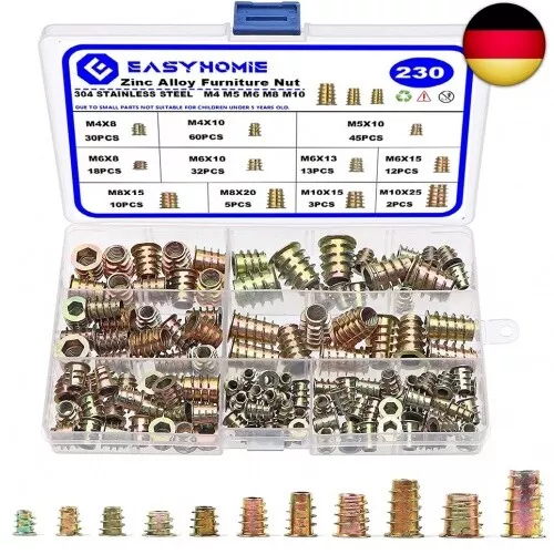 230 Stück Einschraubmutter, M4 M5 M6 M8 M10 Einschraubmuffen Sortiment,