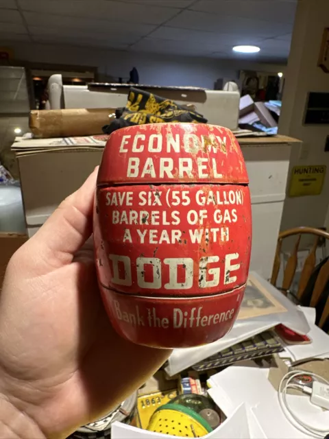Vintage Dodge Economy Barrel Coin Bank Save Six Barrels Of Gas A Year 55 Gallon