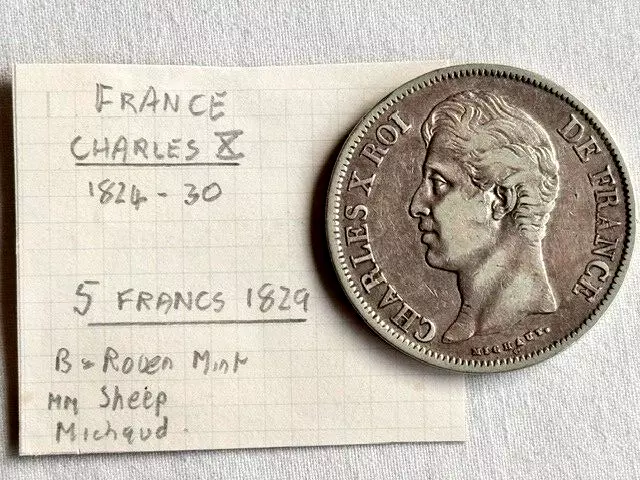 1829B France Charles X Silver 5 Francs Crown Coin Rouen Mint