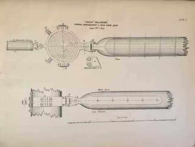 Antique Print Yacht "Jullanar" Boom Joint Dixon Kemp C1895 Yacht & Boat Sailing