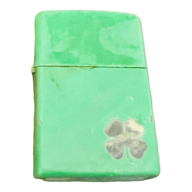 Used Zippo Lighter.  Green with Gold Color Four Leaf Clover shamrock * FLAWED*